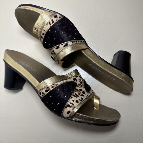 Bernardo Slip On Sandal Heels Gold Calf Hair Animal Print Size 9 Made in Brazil - Picture 7 of 12